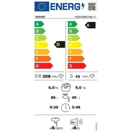 Hoover H3DPS4966TAB6-17 9 kg Yıkama 6 kg Kurutma Wi-Fi + Bluetooth Bağlantılı 1400 Devir Kurutmalı Çamaşır Makinesi