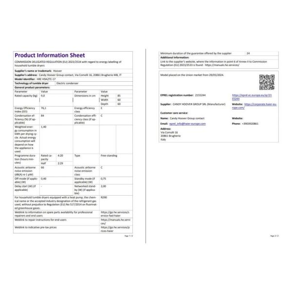 HREH 9A2TE-17 9 kg Wi-Fi Bağlantılı Kurutma Makinesi