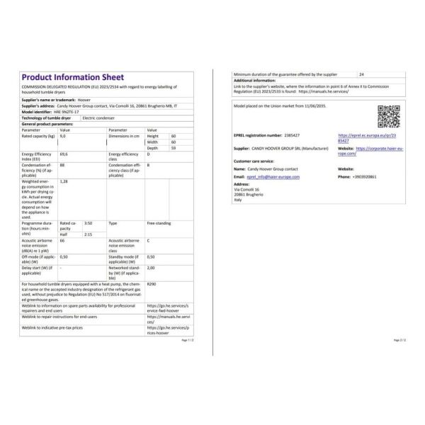 HRE 9N2TE-17 9 kg Wi-Fi Bağlantılı Kurutma Makinesi
